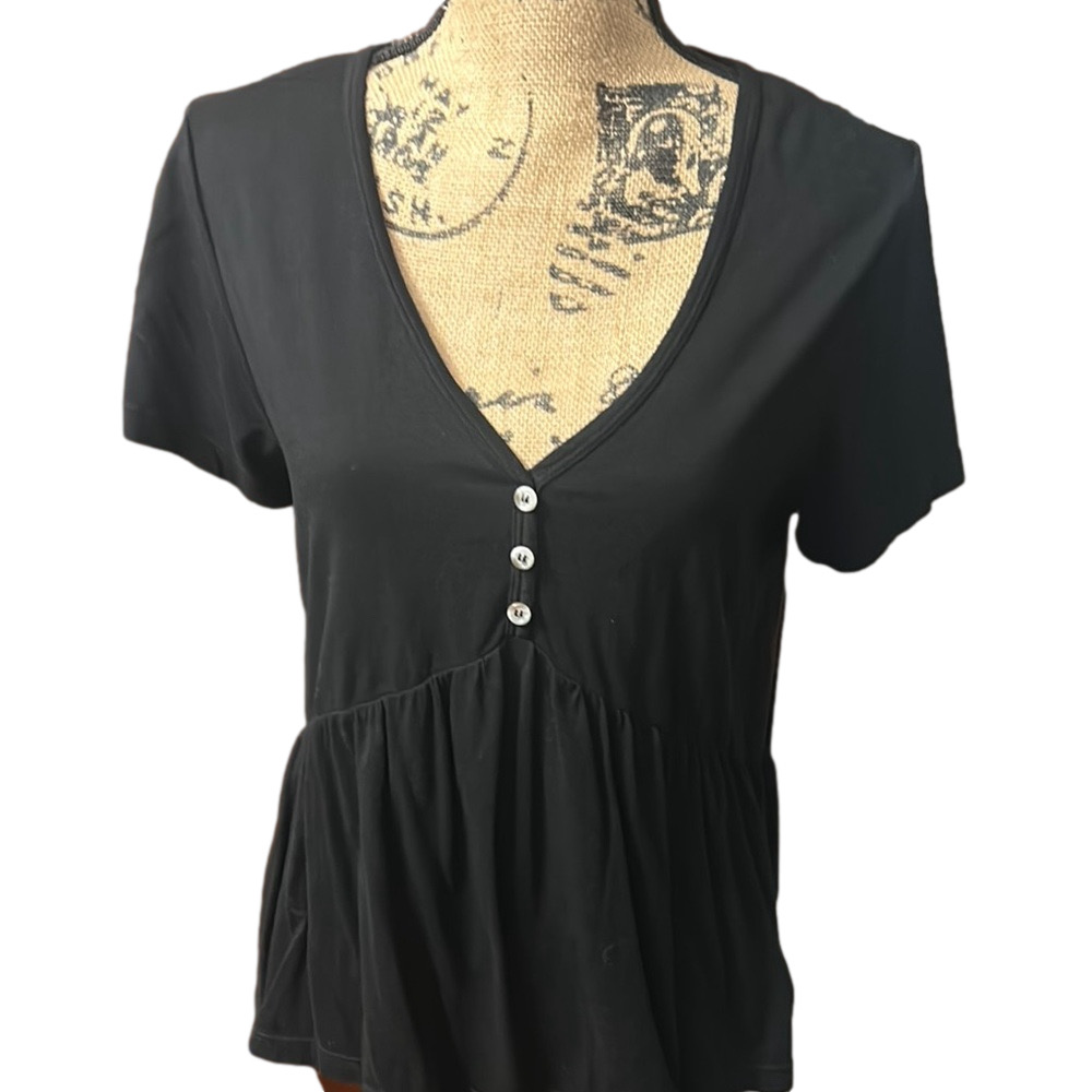 Anthropology Black V-Neck Short Sleeve Buttoned Peplum Blouse NWOT